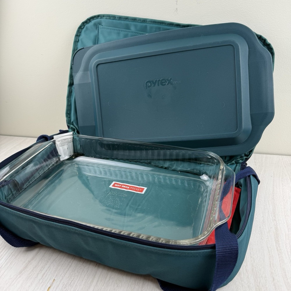 Pyrex portable insulated GREEN‎ casserole carrier & hot cold pack 3 Qt 9x13 bag